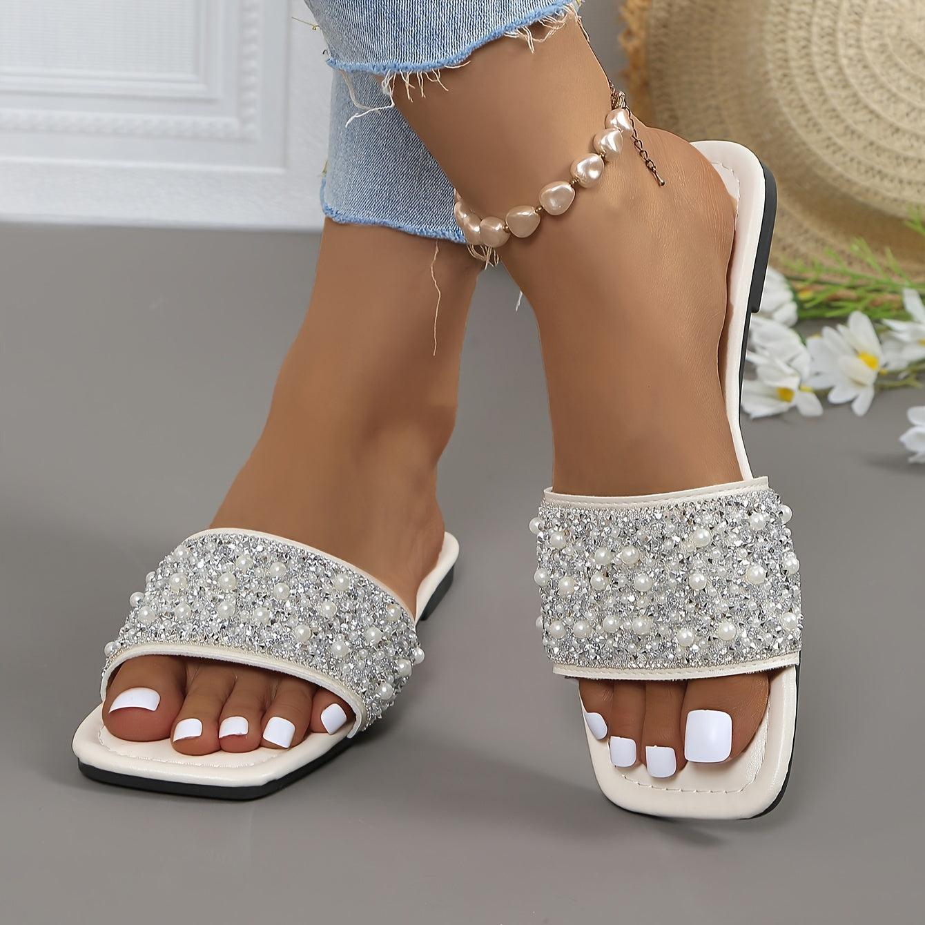 Women Summer Slide Sandals Faux Pearl Embellishments Flat Heel Casual Outdoor