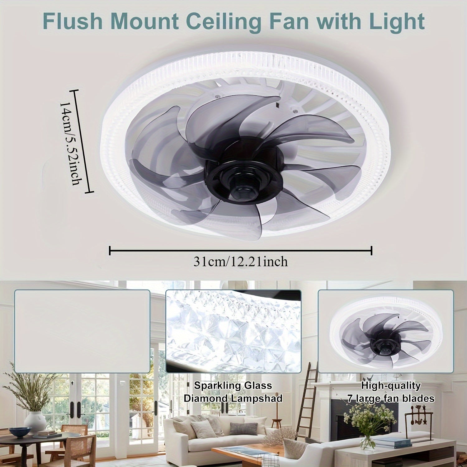 Modern Low Profile Ceiling Fan with Dimmable Light Remote Control and 3 Color Temperatures