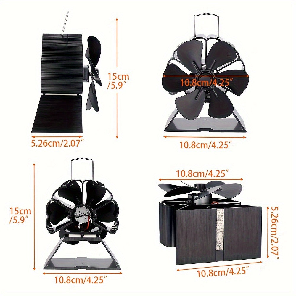 Silent 6-Blade Fireplace Fan for Wood Stove Heat Distribution Black