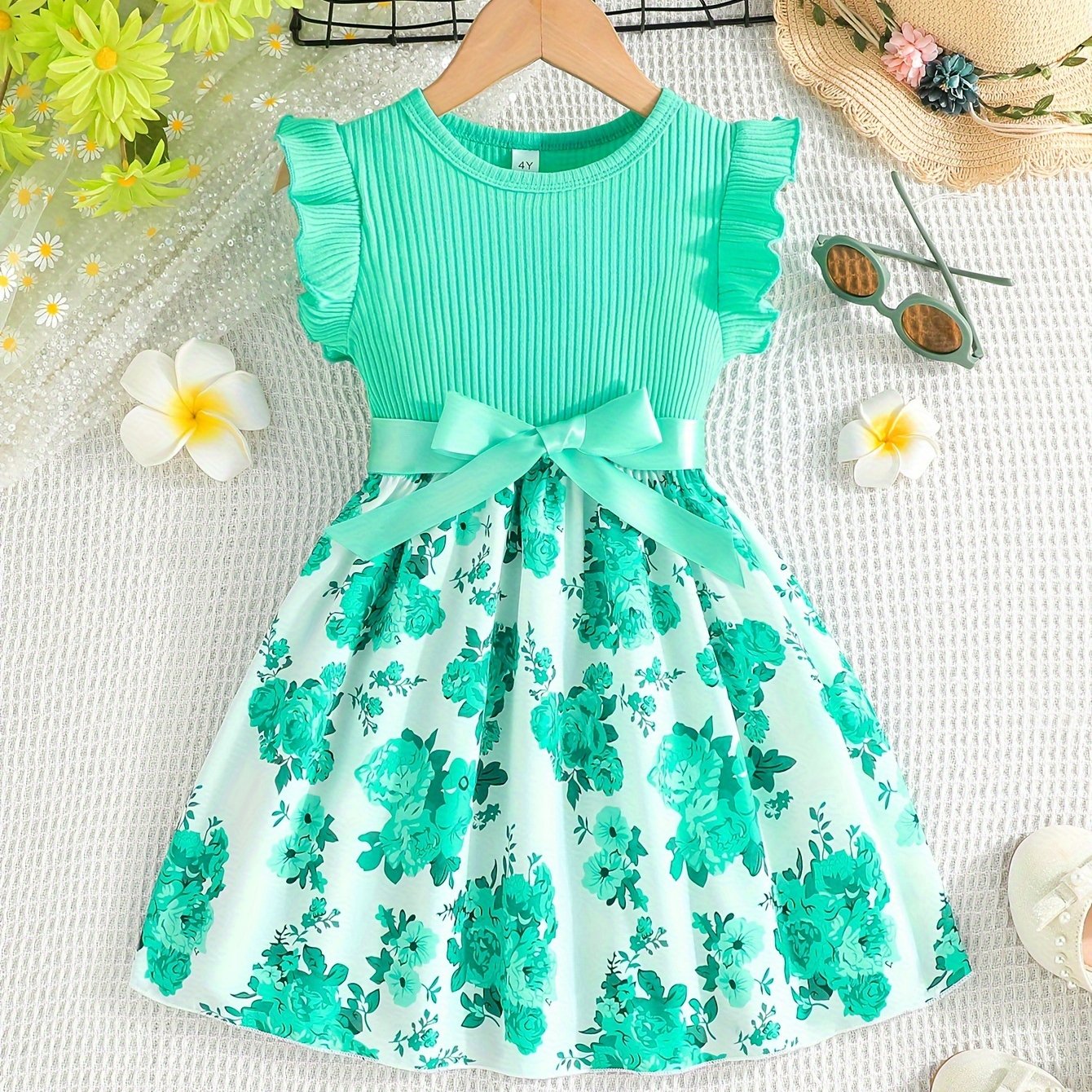 Girls Summer Floral Cotton Dress Sleeveless with Belt for Girls 12 and Under