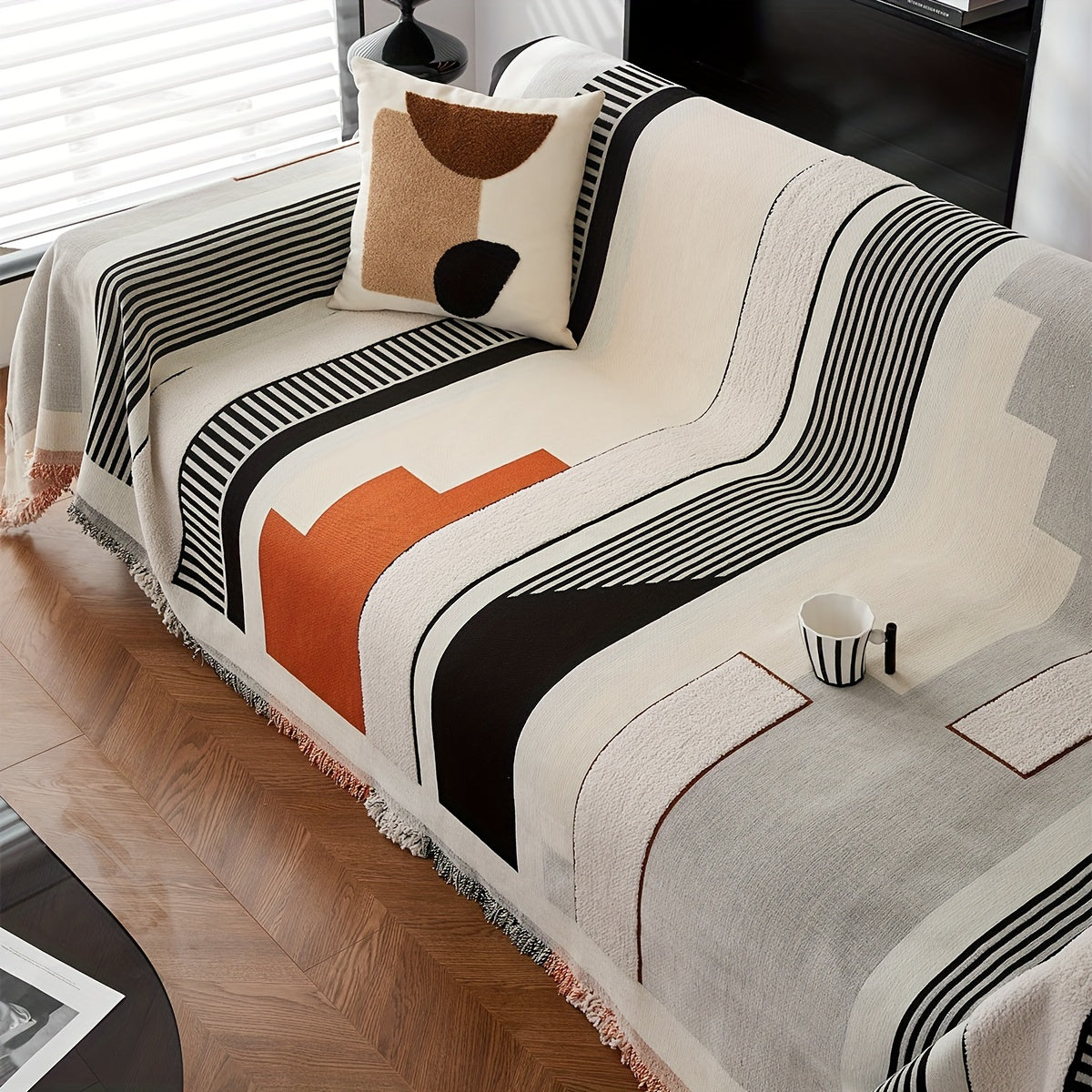 Чехол на диван из шерстяной вуали с бахромой, противоскользящий, всесезонный, для одного до четырех мест