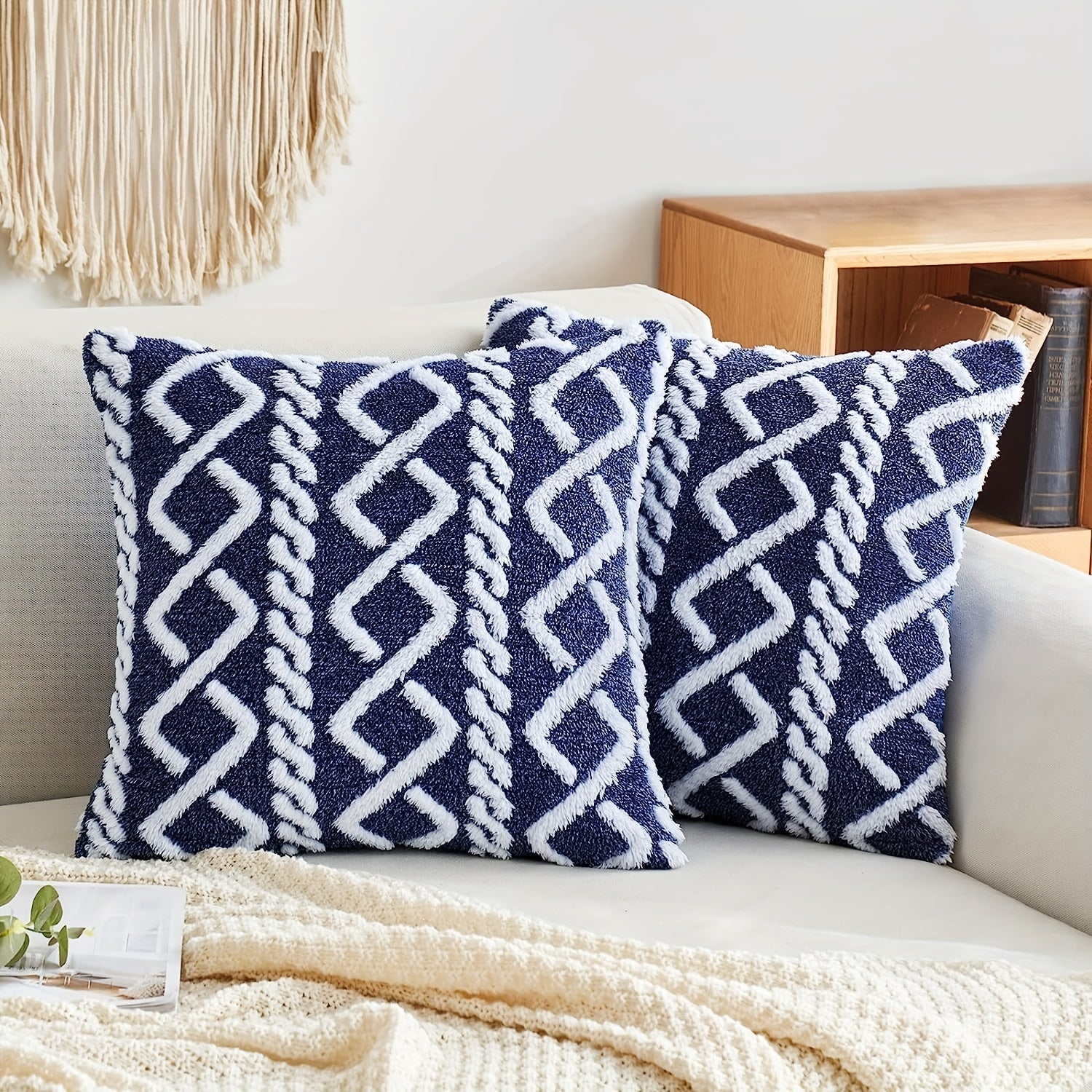 Blue and White Herringbone Throw Pillow Cover with Zipper Closure, Machine Washable Polyester