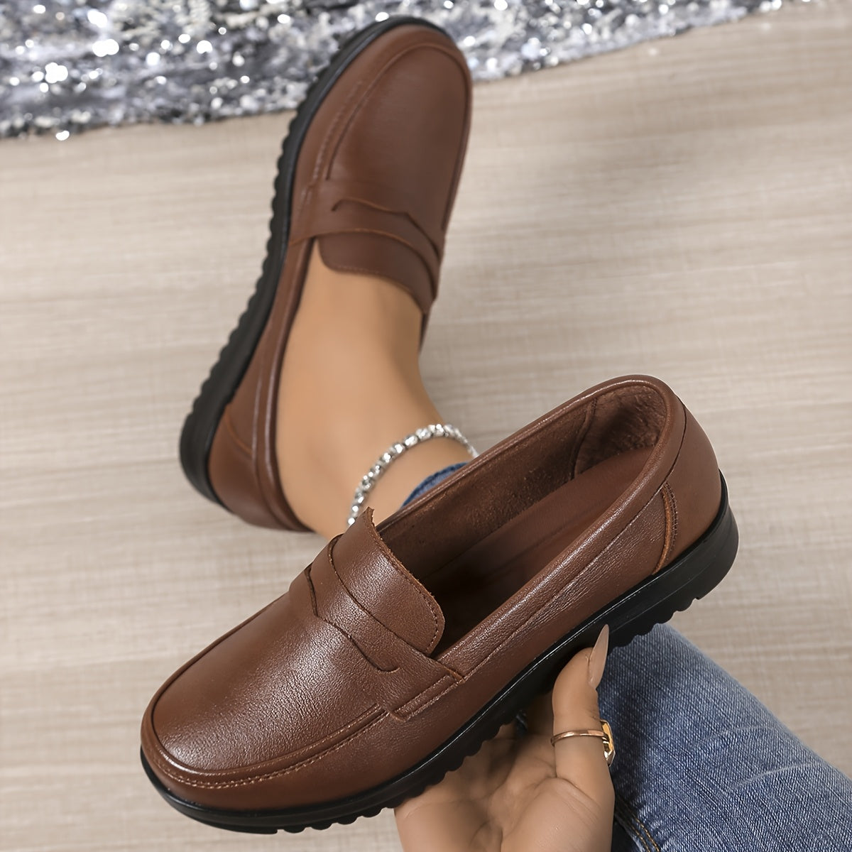 Women's PU Slip-On Flats Casual Shoes Brown Black All-Day Comfort