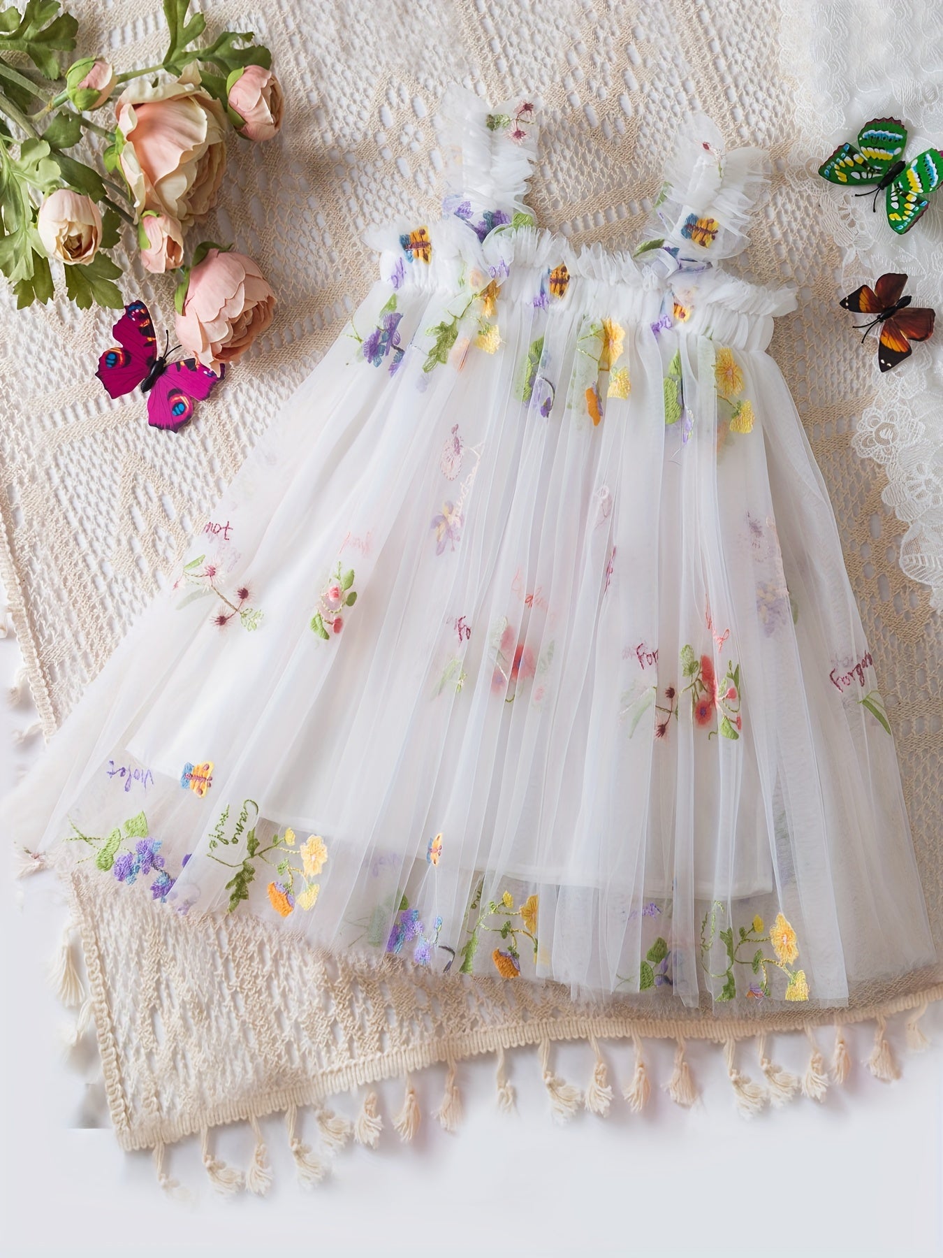Baby Girl Sleeveless Mesh Dress with Flower Embroidery for Summer Birthdays