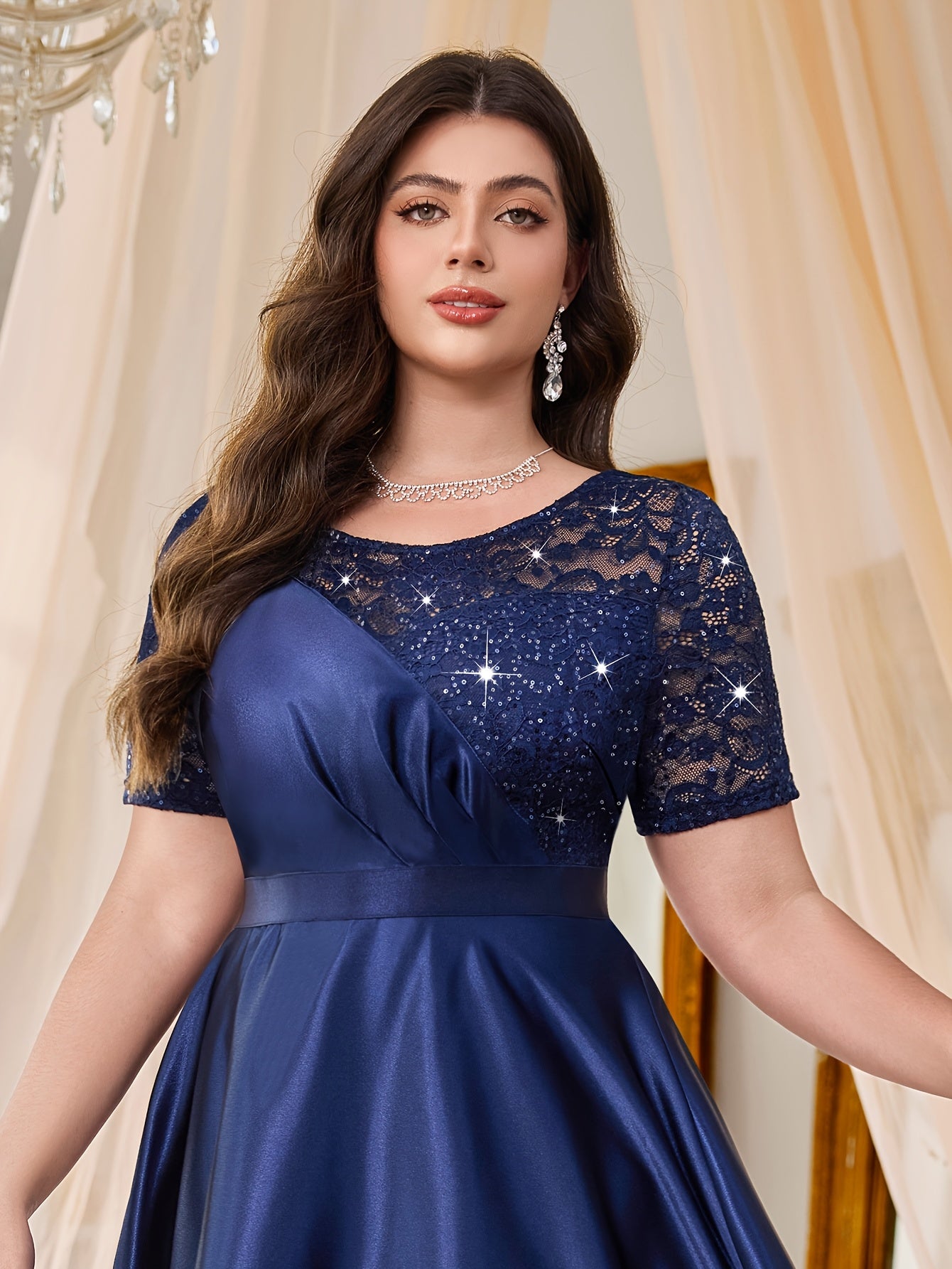 Plus Size Lace Dress with Sequins Blue Sleeveless Knee-Length
