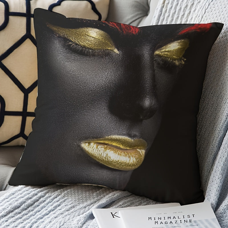 African American Woman Throw Pillow Cover Black and Gold 45 Inch Decorative Cushion