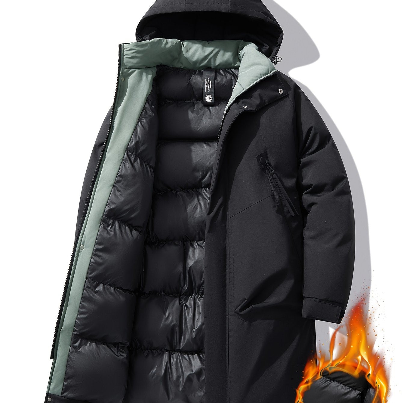 Erkaklar uchun katta o'lchamdagi qishki kapüşonli kurtka - zip-up kapüşonli qulay palto, qora va yashil aksentlar bilan, mashinada yuviladigan polyester, zamonaviy va silliq dizayn, sovuq ob-havo uchun mos.