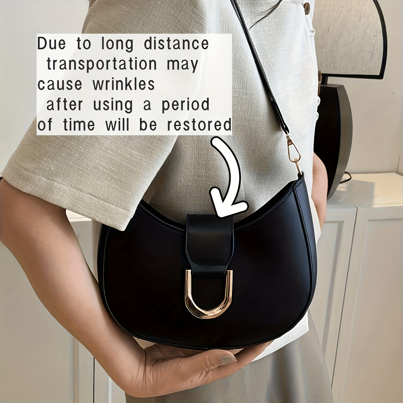 Women's Crescent Shoulder Bag with Gold Hardware Solid Color PU Crossbody Bag