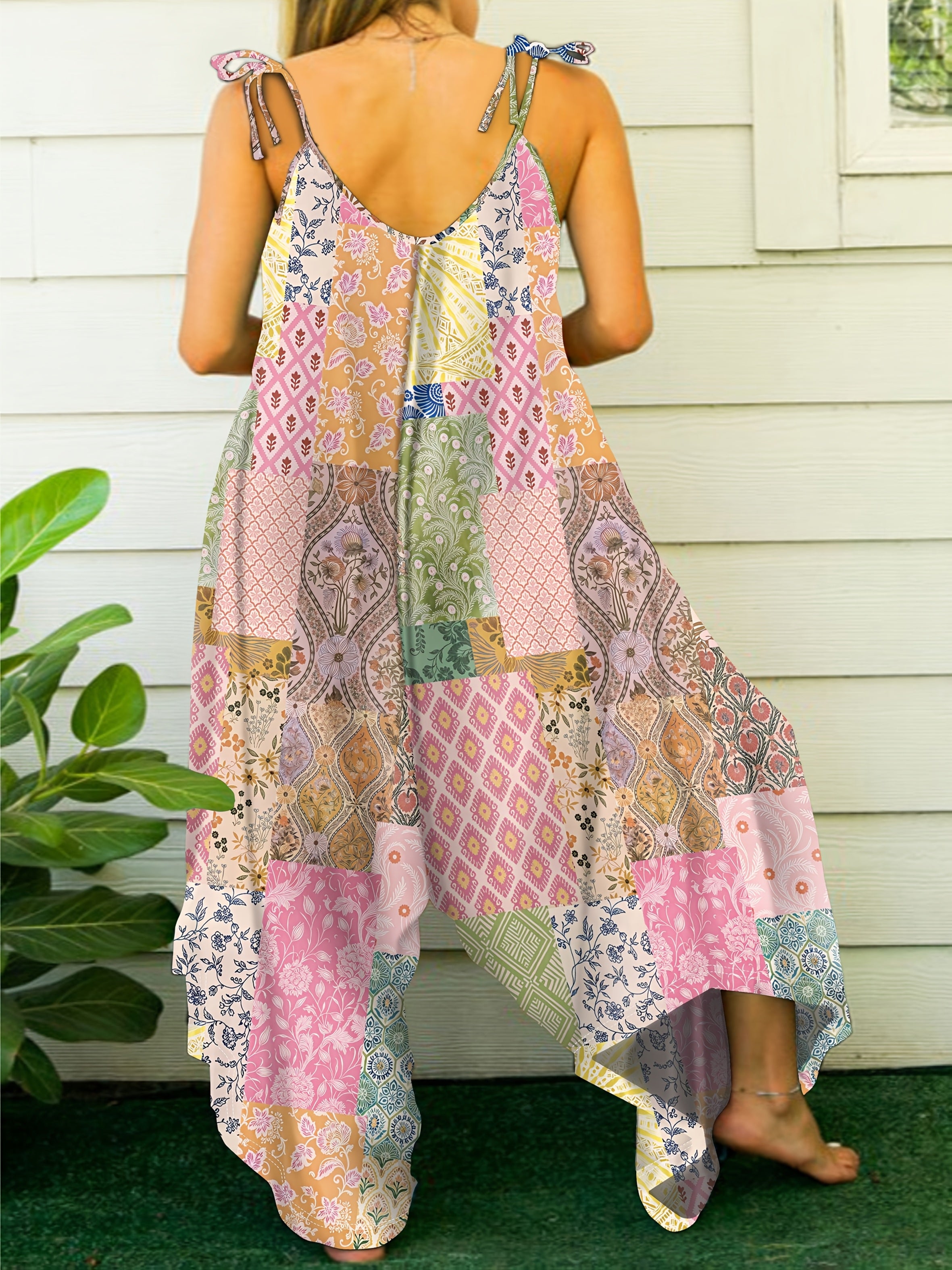 Plus Size Colorful Geometric Patchwork Jumpsuit Viscose Sleeveless Romper for Summer Vacation