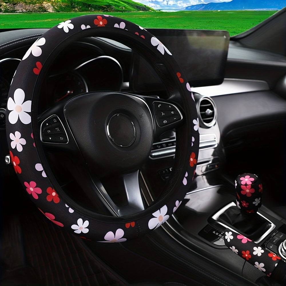 Ayollar uchun gul bilan bezatilgan avtomobil rul va uzatish vintlari qopqog'i to'plami, yumshoq nafas oladigan mato