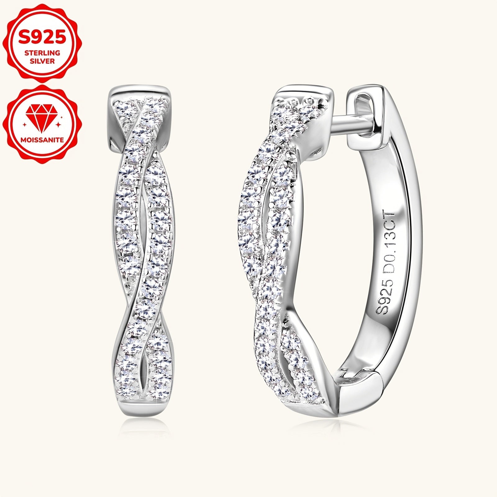 Women's Silver Hoop Earrings with Moissanite Stones 3.29g 52pcs 0.13ct Twist Design