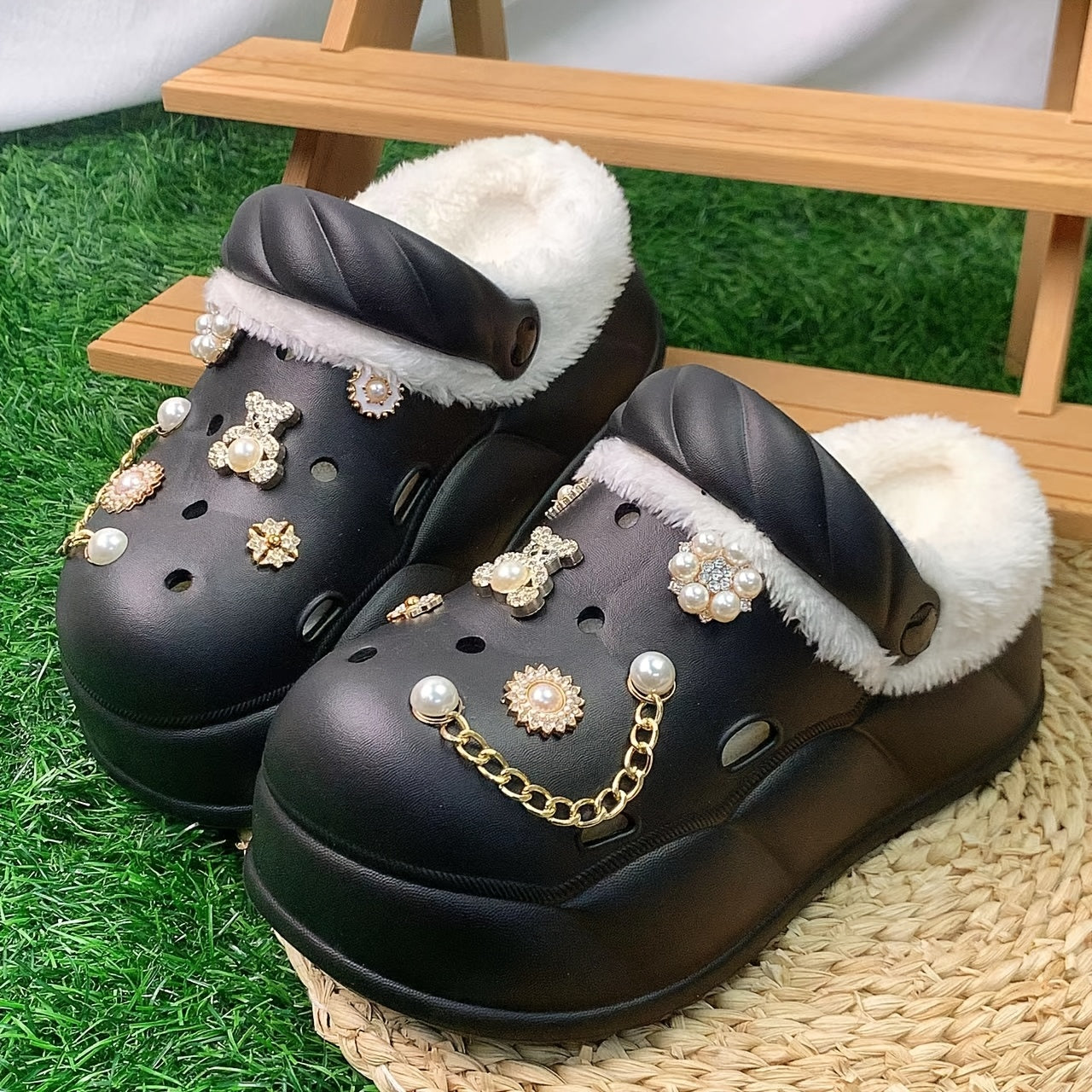 Women's Faux Fur-Lined EVA Slippers with Gold Bear and Floral Charms