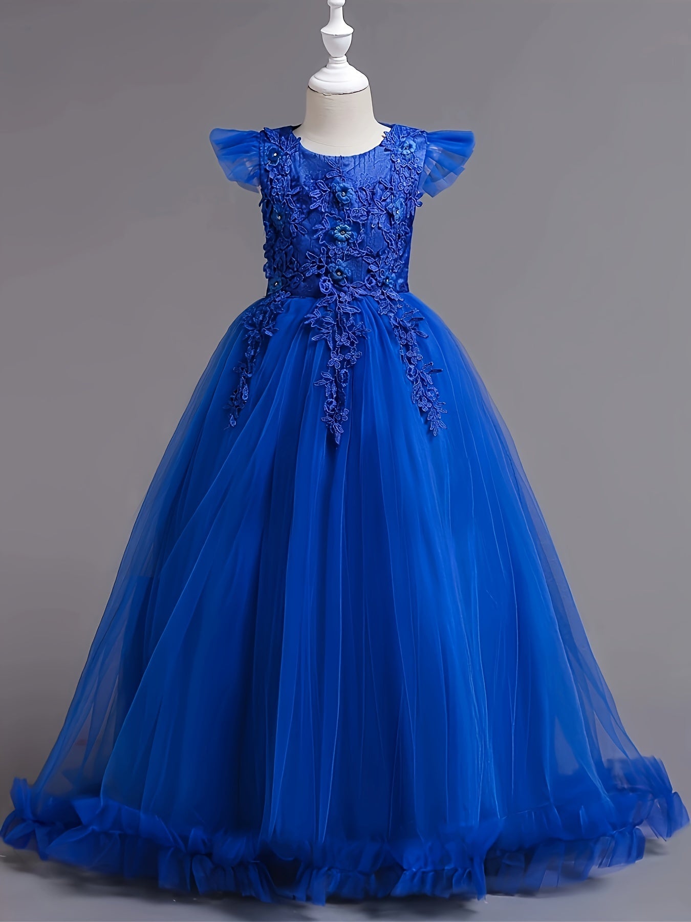 Girls Pink Princess Gown Sleeveless Ruffled Shoulder Tulle A-Line Dress for Birthday and Special Occasions