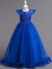 Qizlar uchun pushti malika libosi, yelkasiz, qirrali yelka detali bilan, A-shaklidagi tull skirti, belga bog'langan, nafis dantel trim va appliqué dizayni, 5-14 yoshdagi bolalar uchun mos, tug'ilgan kun uchun ideal.