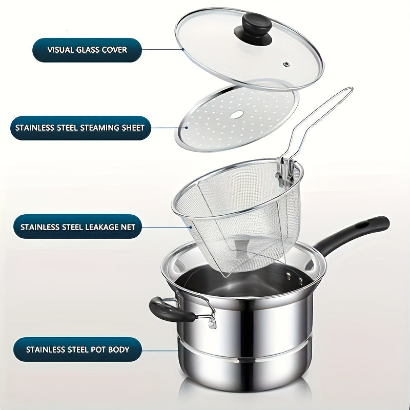 Stainless Steel 3-in-1 oshxona idishlari to'plami, qozon, qovurish qutisi, bug' chiqaruvchi va shisha qopqoq bilan