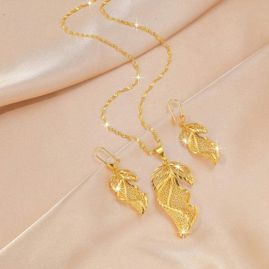 Wedding Jewelry Set with Hollow Leaf Earrings and Necklace 2 Pieces