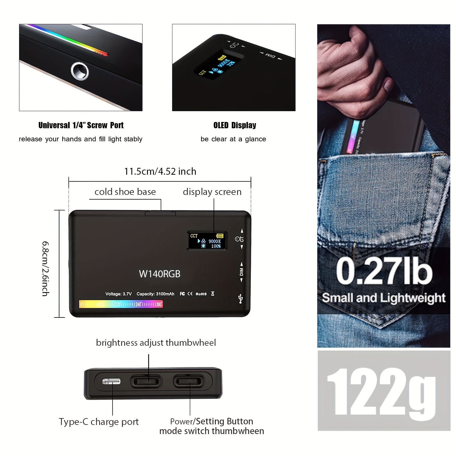 Portable RGB Video Light with High CRI 95+ Adjustable Color Temperature 2500-9000K Rechargeable Battery Tripod Stand OLED Display