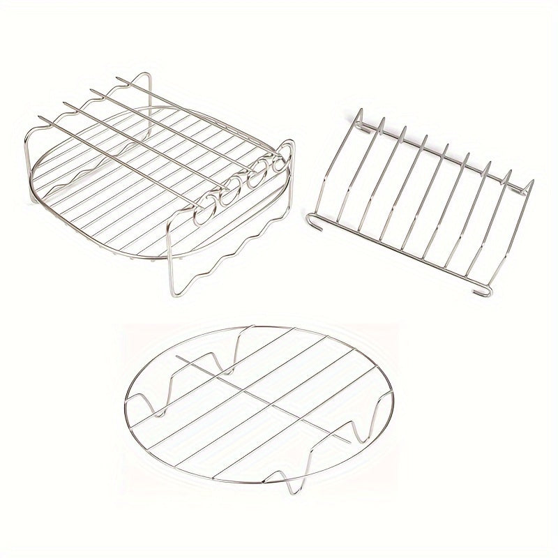 Stainless Steel Air Fryer Accessories Set with Double-Layer Grill Skewers Bread Rack and Steamer