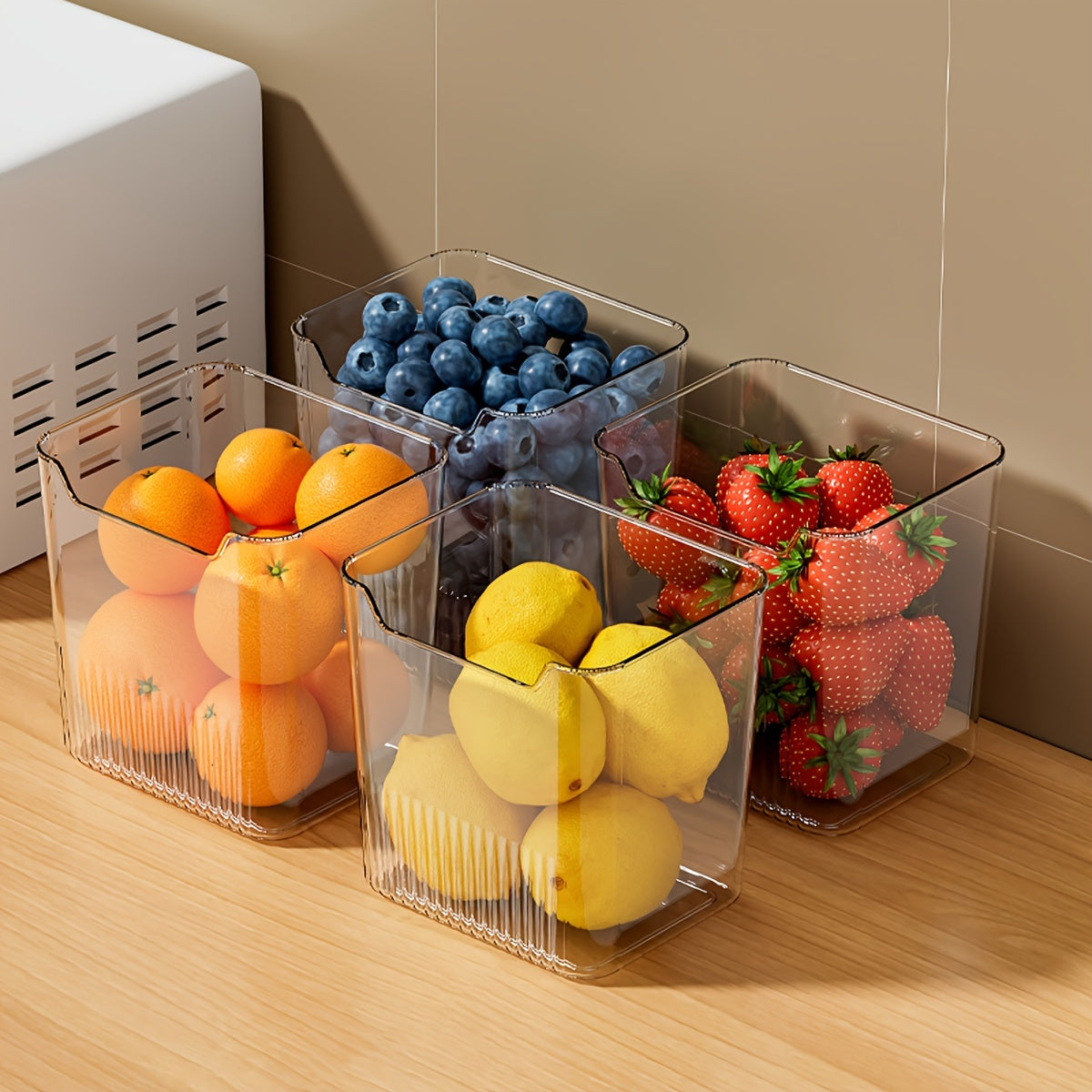 4-Piece Transparent Refrigerator Storage Bins with Lids Food-Safe Organizer for Fruits Vegetables