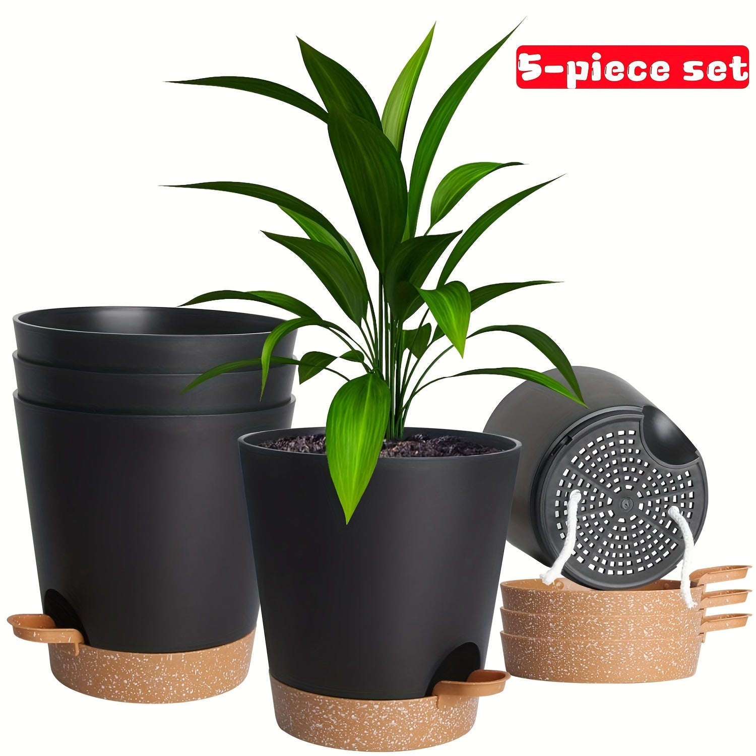 Set of 5 5-Inch Plastic Self-Watering Flower Pots with Drainage Holes and Trays for Indoor Outdoor Gardens