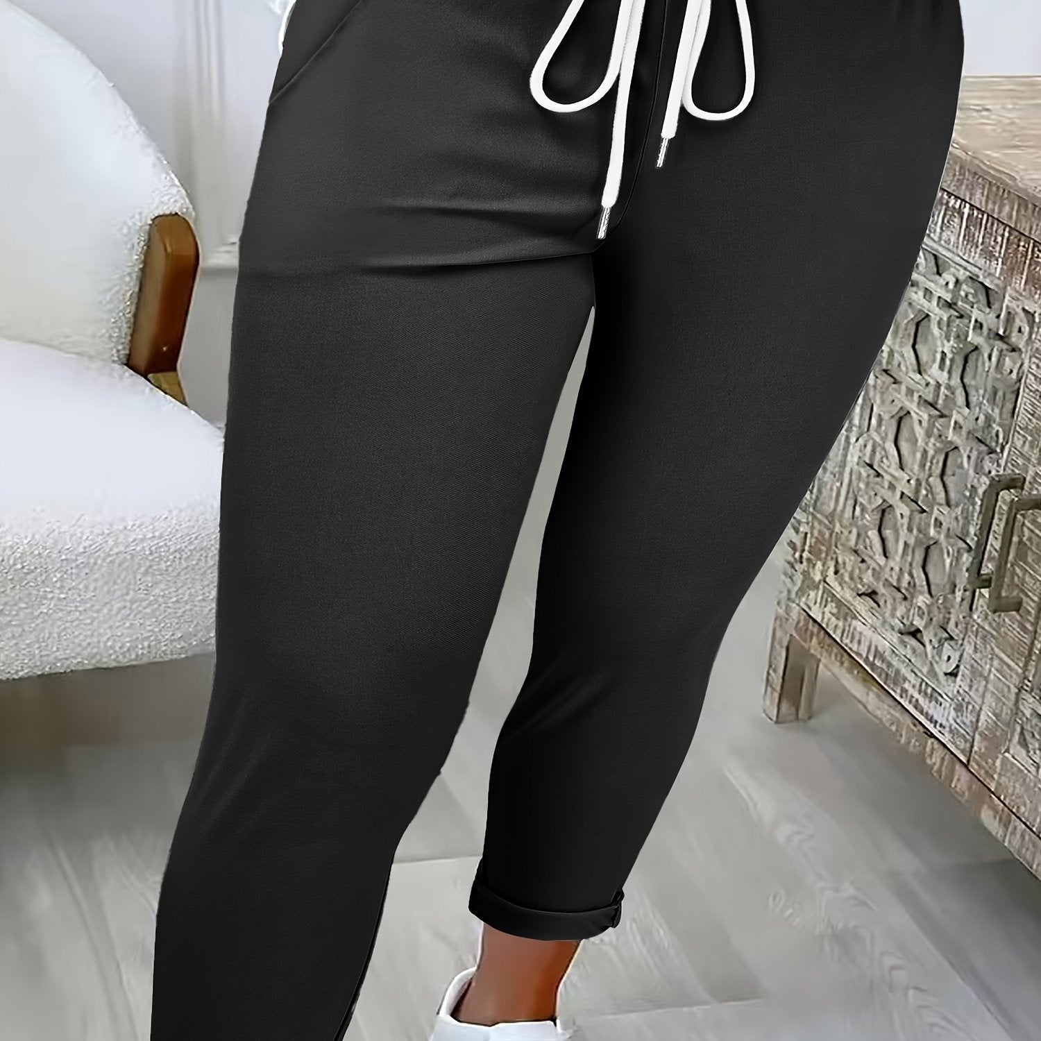 Pantalones largos ajustados para mujeres talla plus, casual, negros