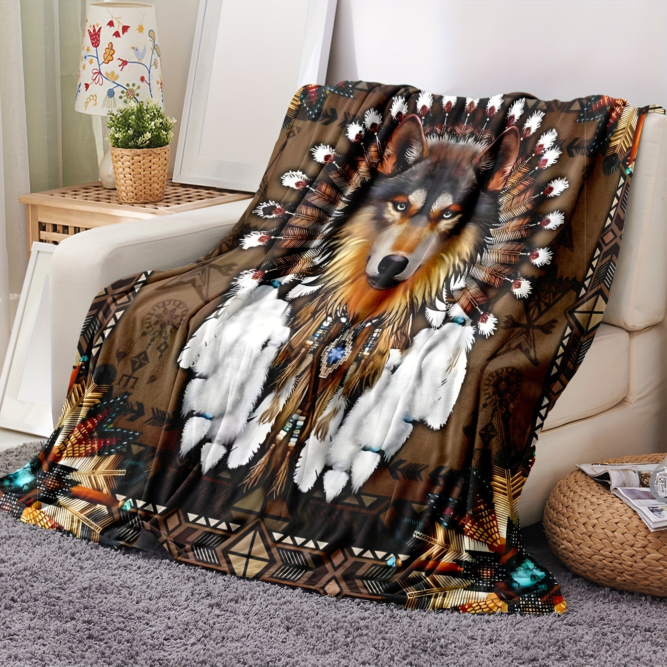 Wolf Head Print Flannel Throw Blanket Geometric Pattern All-Season Knitted Polyester for Home Office Camping