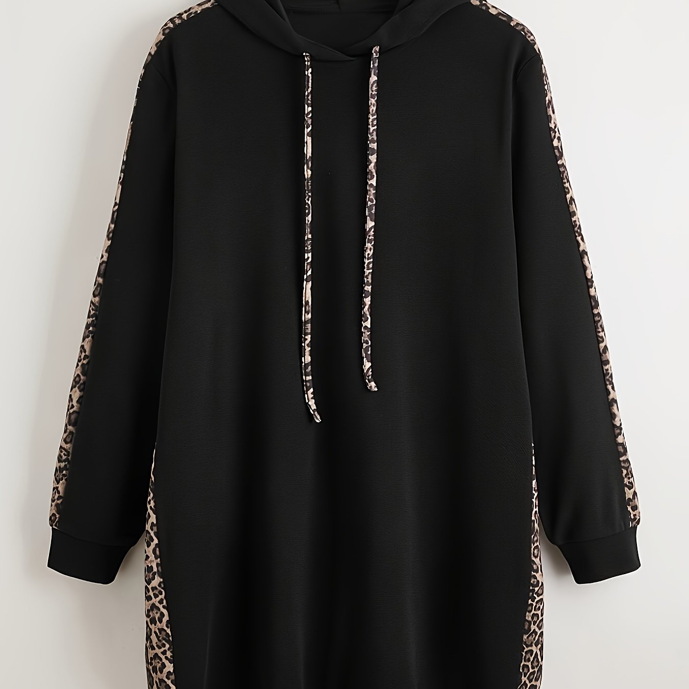 Black Hoodie for Women with Leopard Print Accents Polyester Knit Oversized Pullover
