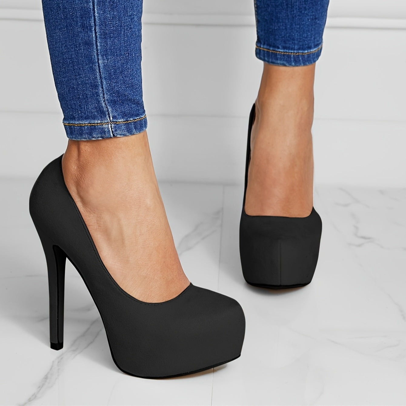 Women Black Stiletto Heels 7 Inch Platform Closed Toe Pumps