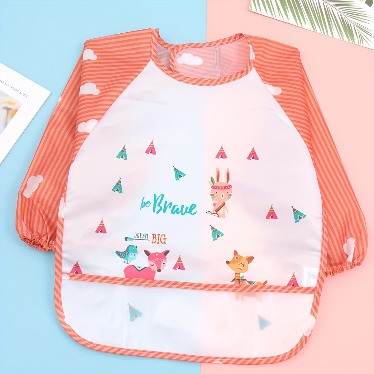 Baby Bib with Waterproof Long Sleeves, Reversible, Cartoon Design for Infants