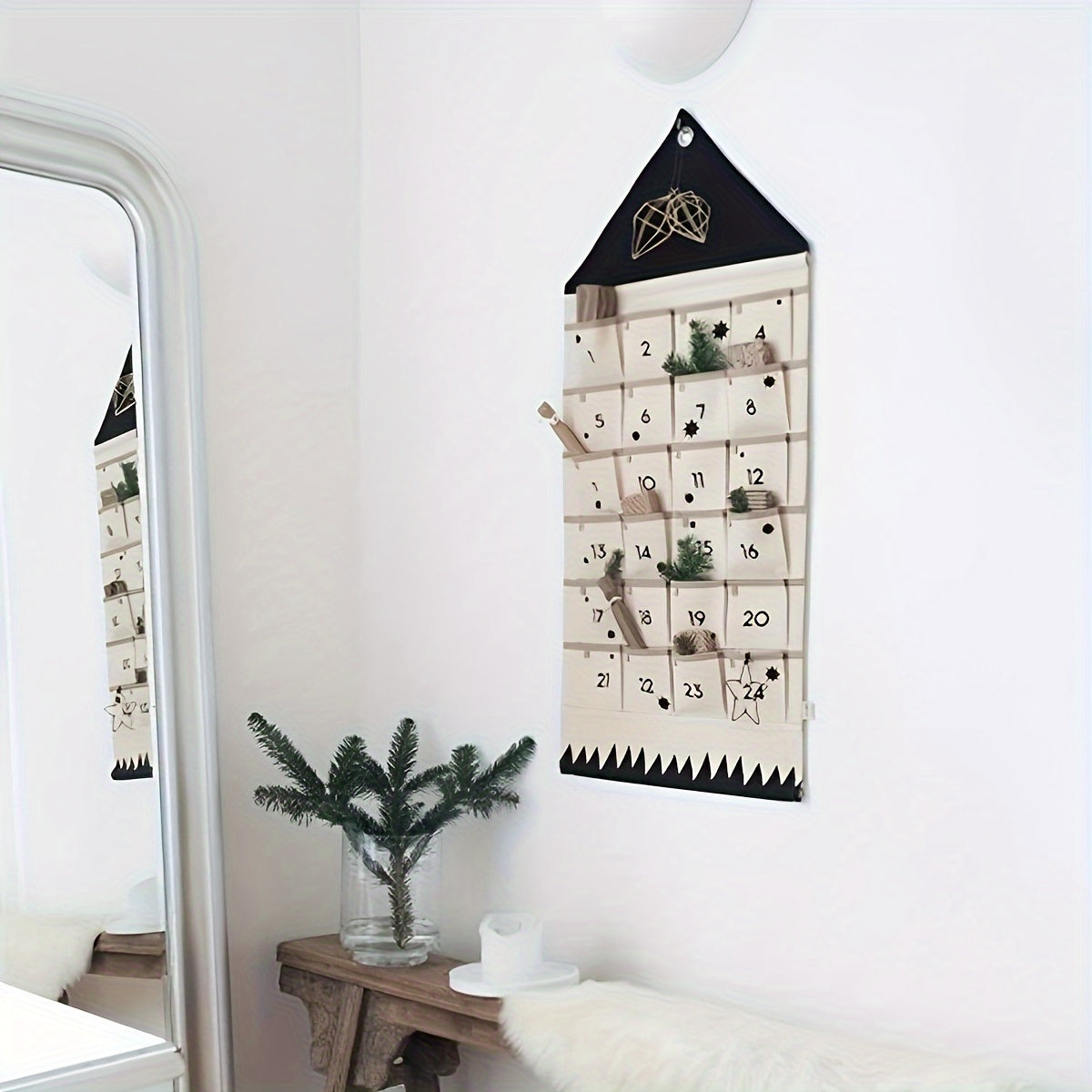 Calendario de adviento festivo de pared, plegable, de poliéster, 24 días de diversión navideña