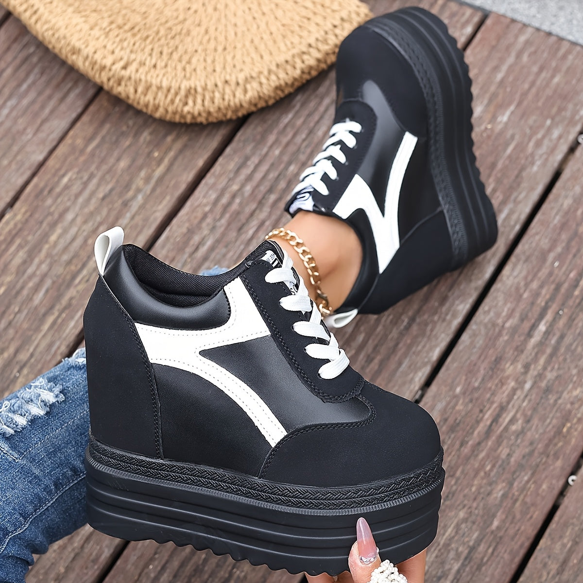 Women's Fashion Sneakers Casual Lace-Up Shoes with Thick Sole and High Heels