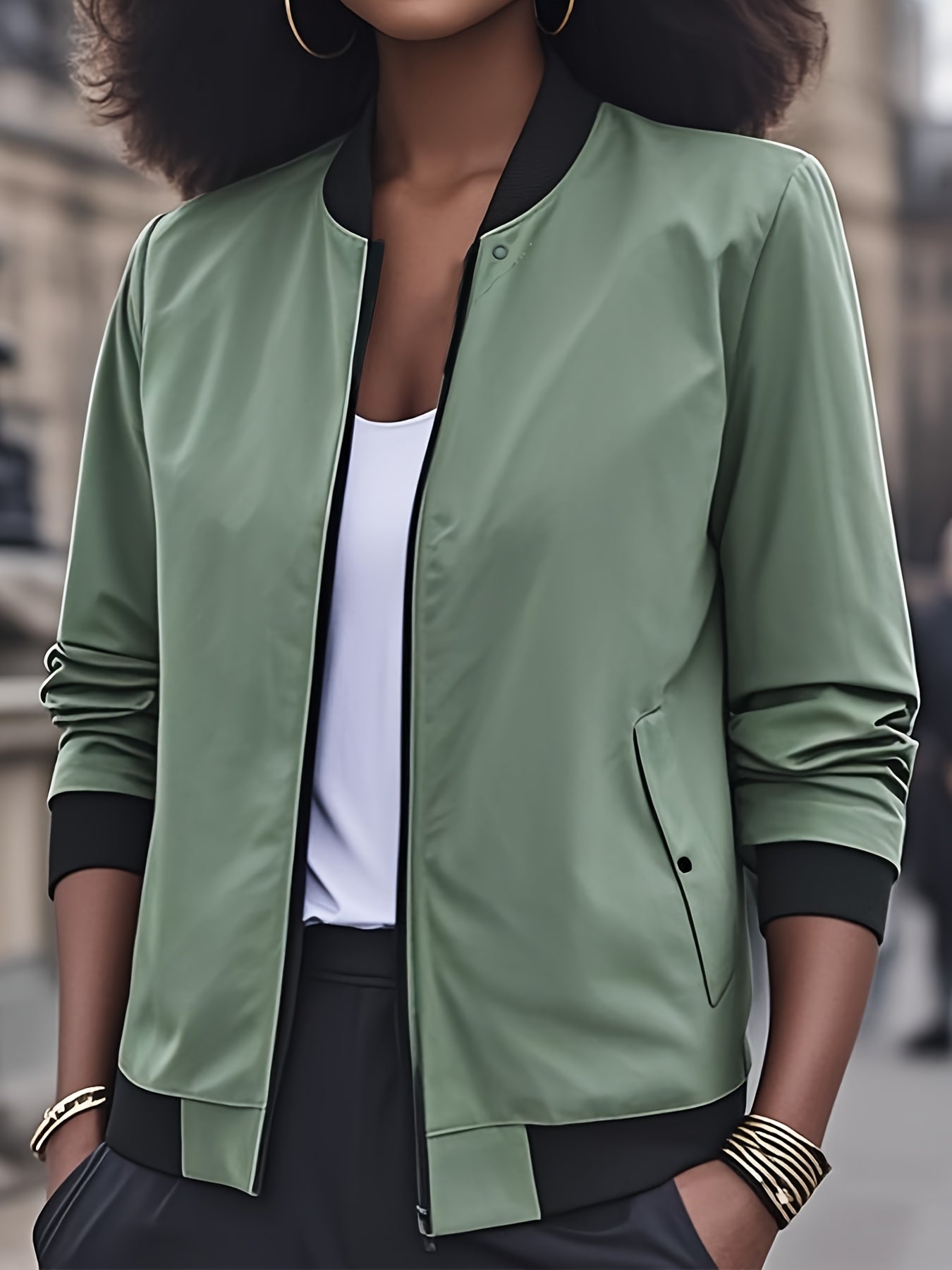 Women's Polyester Long Sleeve Jacket Green Casual Semi-Formal Coat