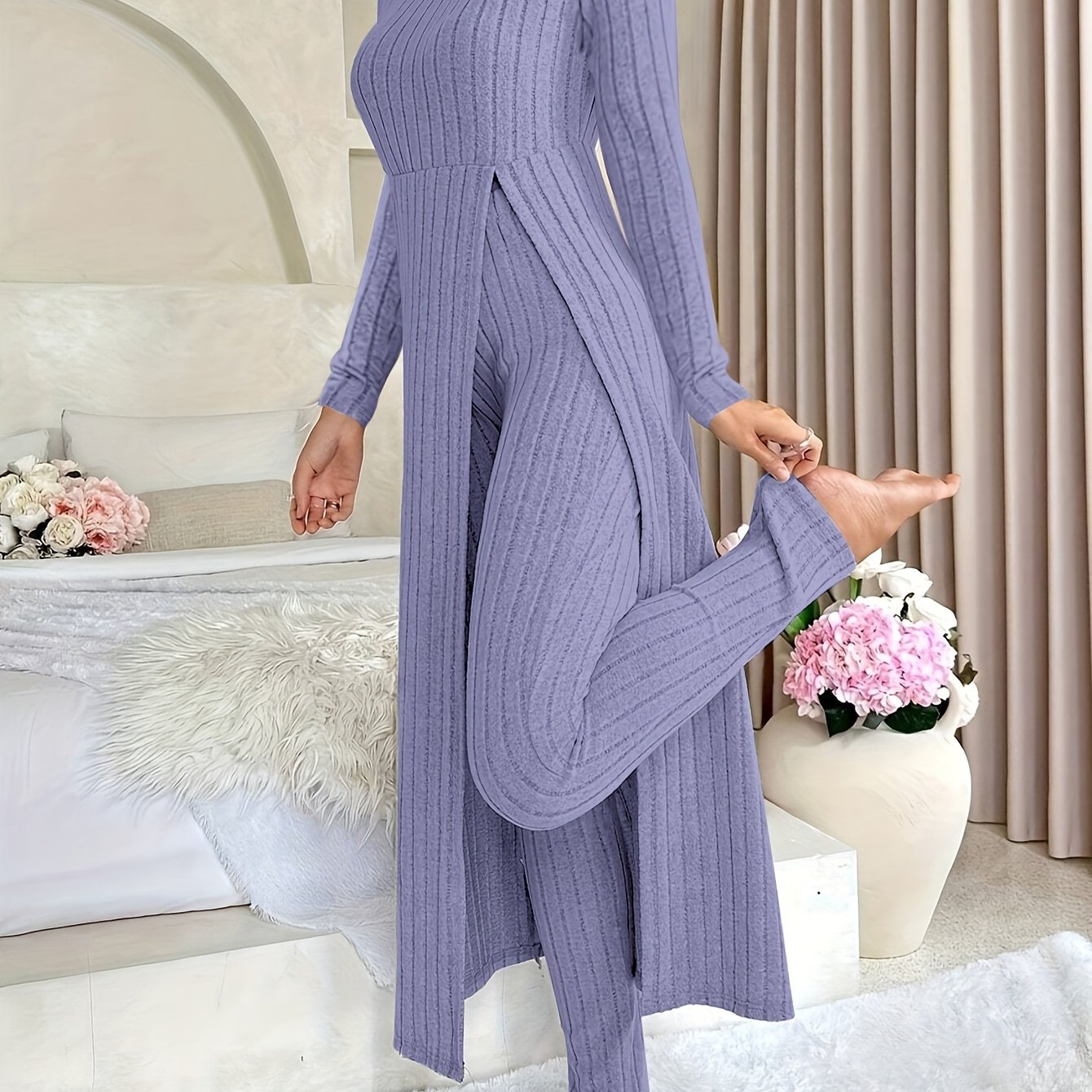 Women's Ribbed Long-Sleeved Top and Pants Set Polyester Solid Casual All-Season