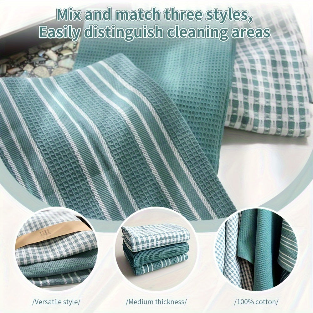 Set of 3 Large Kitchen Towels in Green Plaid and Striped Waffle Weave 45x65 cm