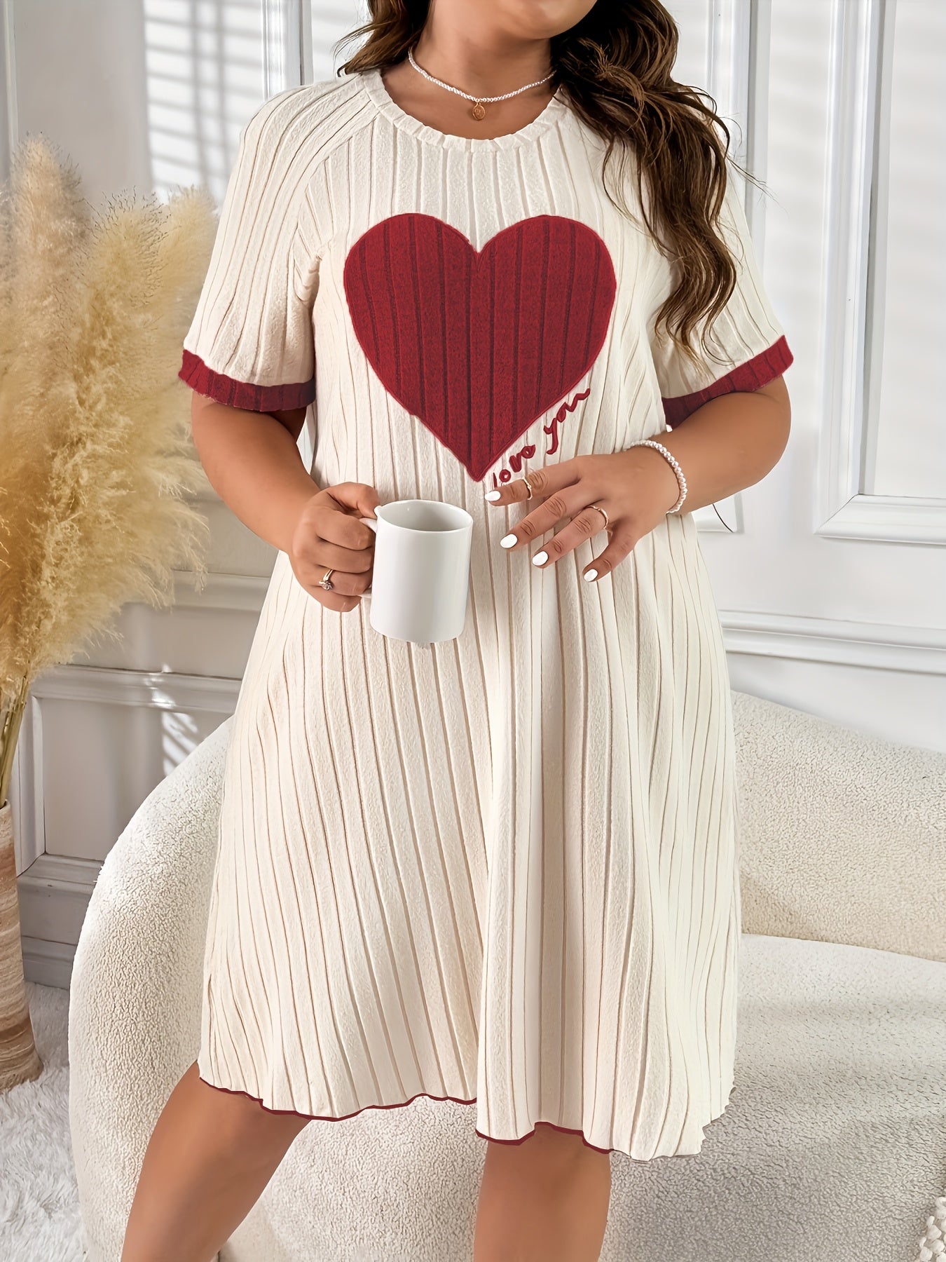 Women's Plus Size Color Block Heart Embroidered Sleep Dress Lounge Nightgown