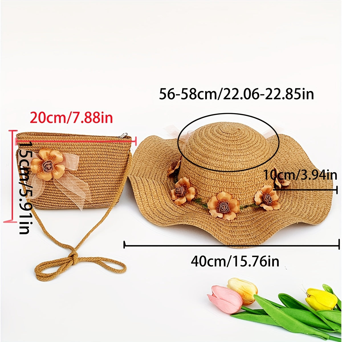 Women's Straw Hat and Pouch Set with Floral Accents for Outdoor and Vacation Use