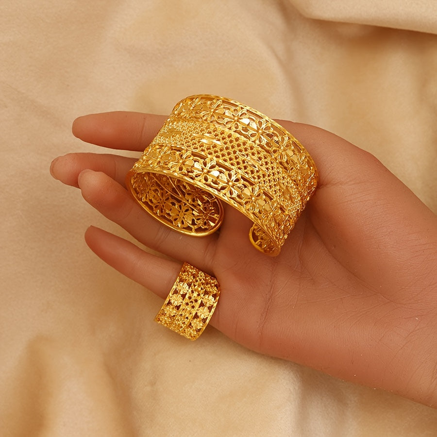 [Eng yaxshi tanlov] Elegant minimalist qotishma uzuk va bilaguzuk to'plami, tasodifiy yoki rasmiy tadbirlar uchun zamonaviy bo'sh ochiq dizayn, O'rta Sharq uslubidan ilhomlangan, mukammal sovg'a