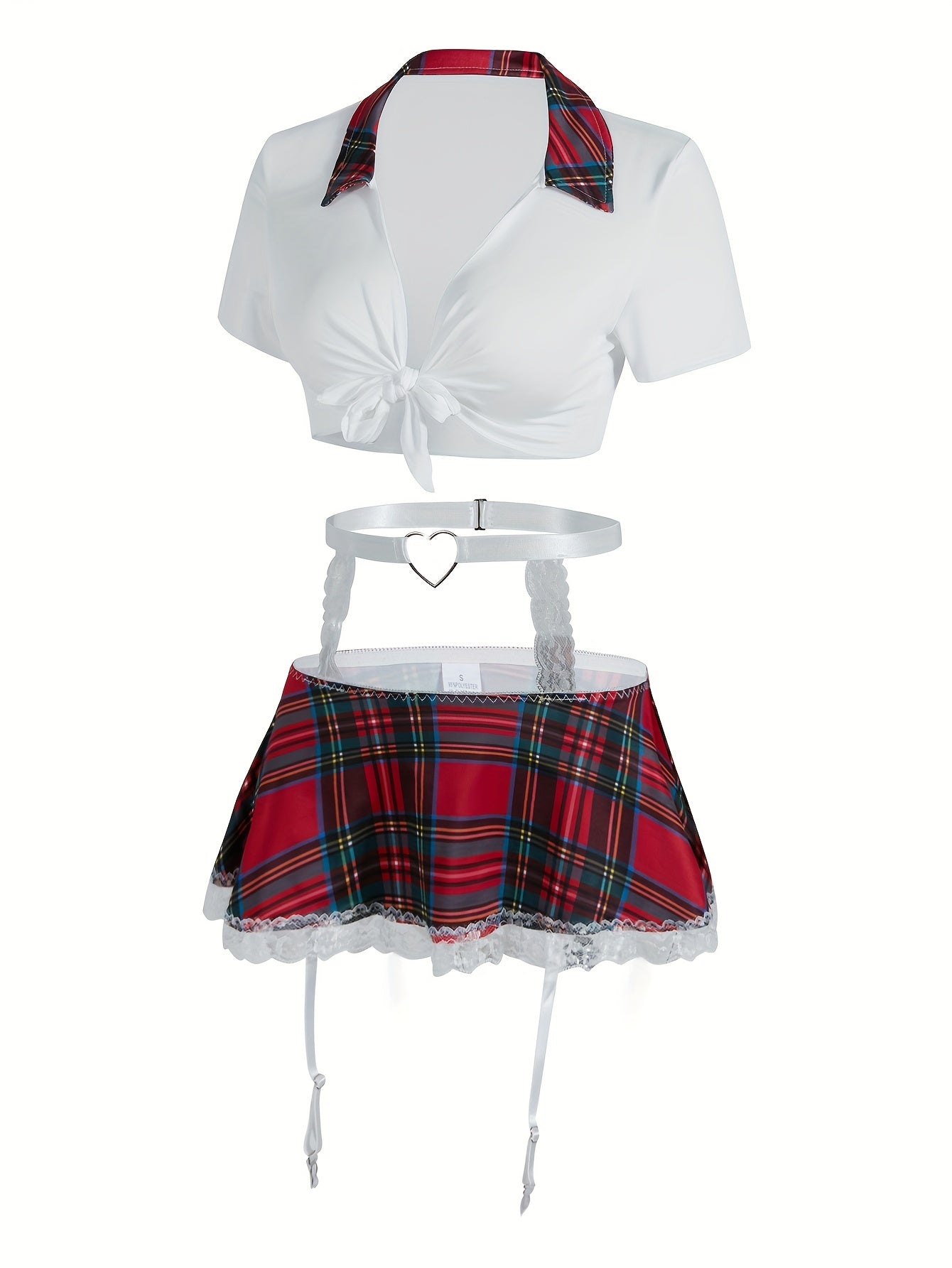 Sexy Preppy Cosplay Costume Set Includes Crop Top Skirt Garter Belt and Stockings
