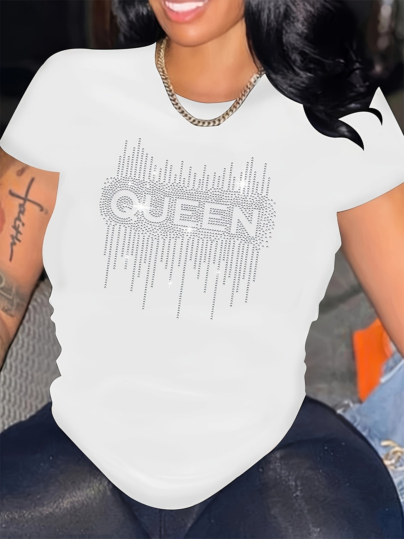 Футболка большого размера с черным алмазным принтом и короткими рукавами, круглый вырез, свободный крой для женщин