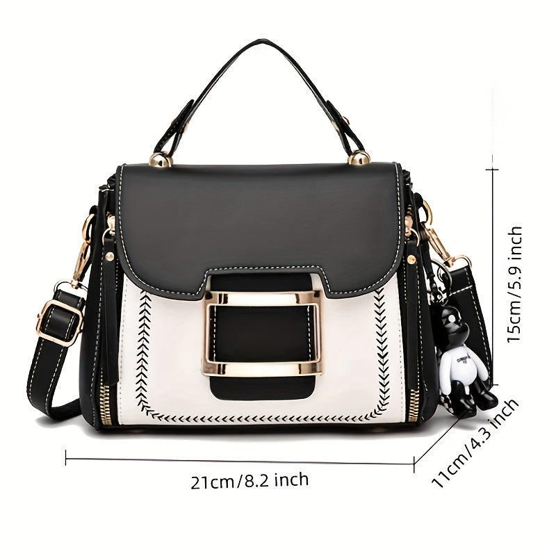 Women's Black PU Crossbody Handbag with Buckle Decor and Top Handle