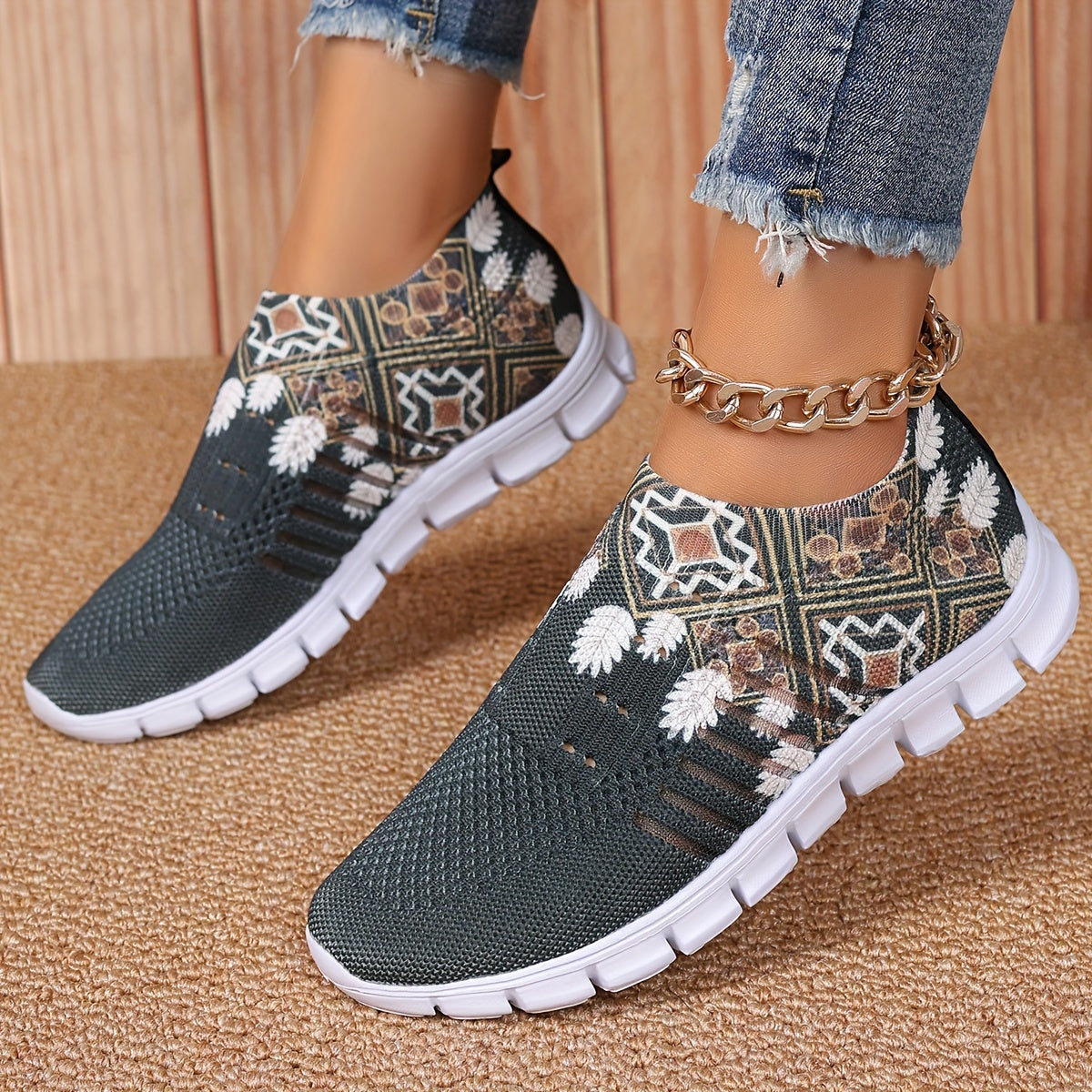 Women's Blue Knit Fabric Slip-On Sneakers with White Floral Patterns and EVA Sole