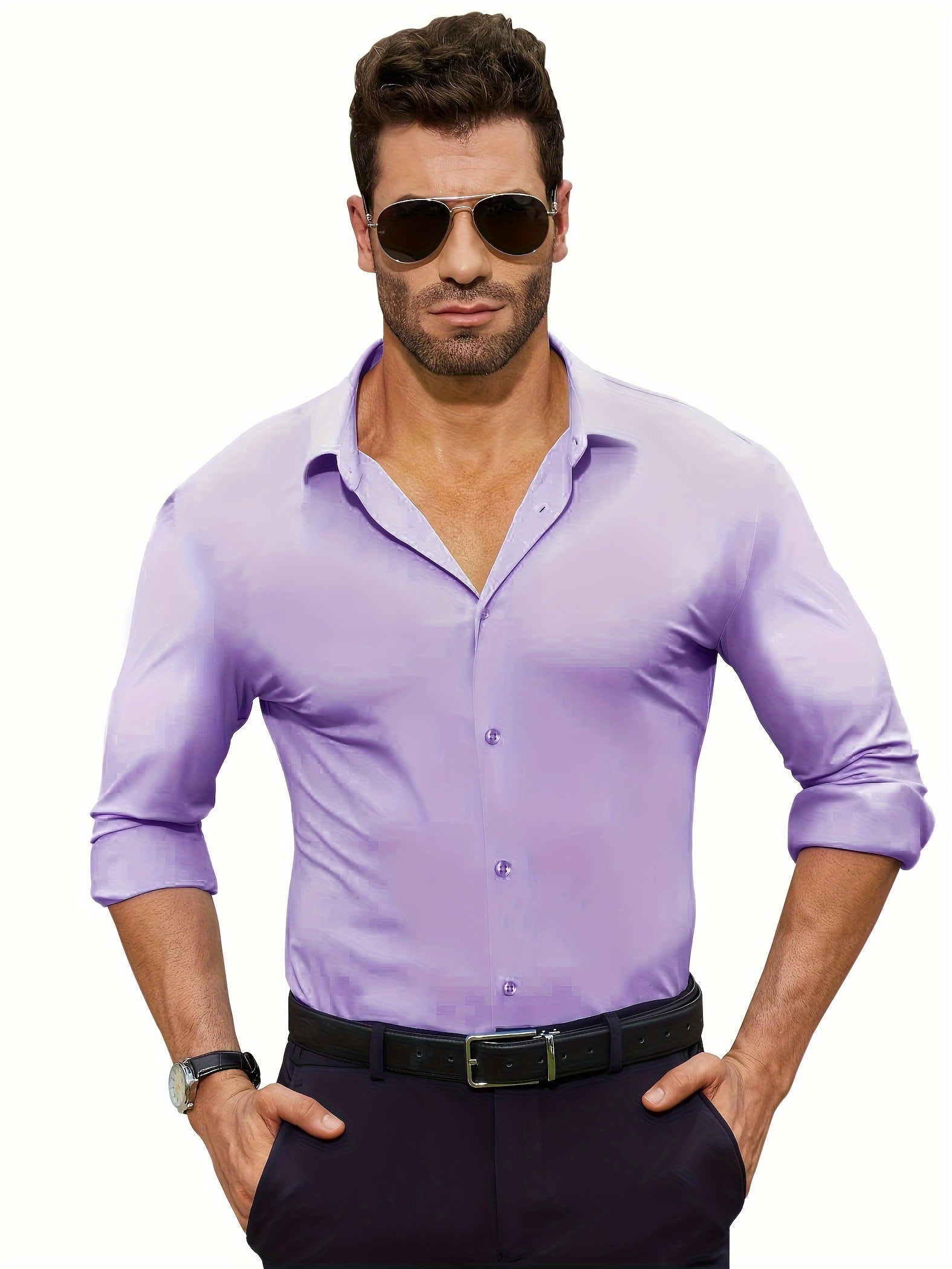 Men's Solid Color Woven Cotton Spandex Long Sleeve Shirt for Casual Wear