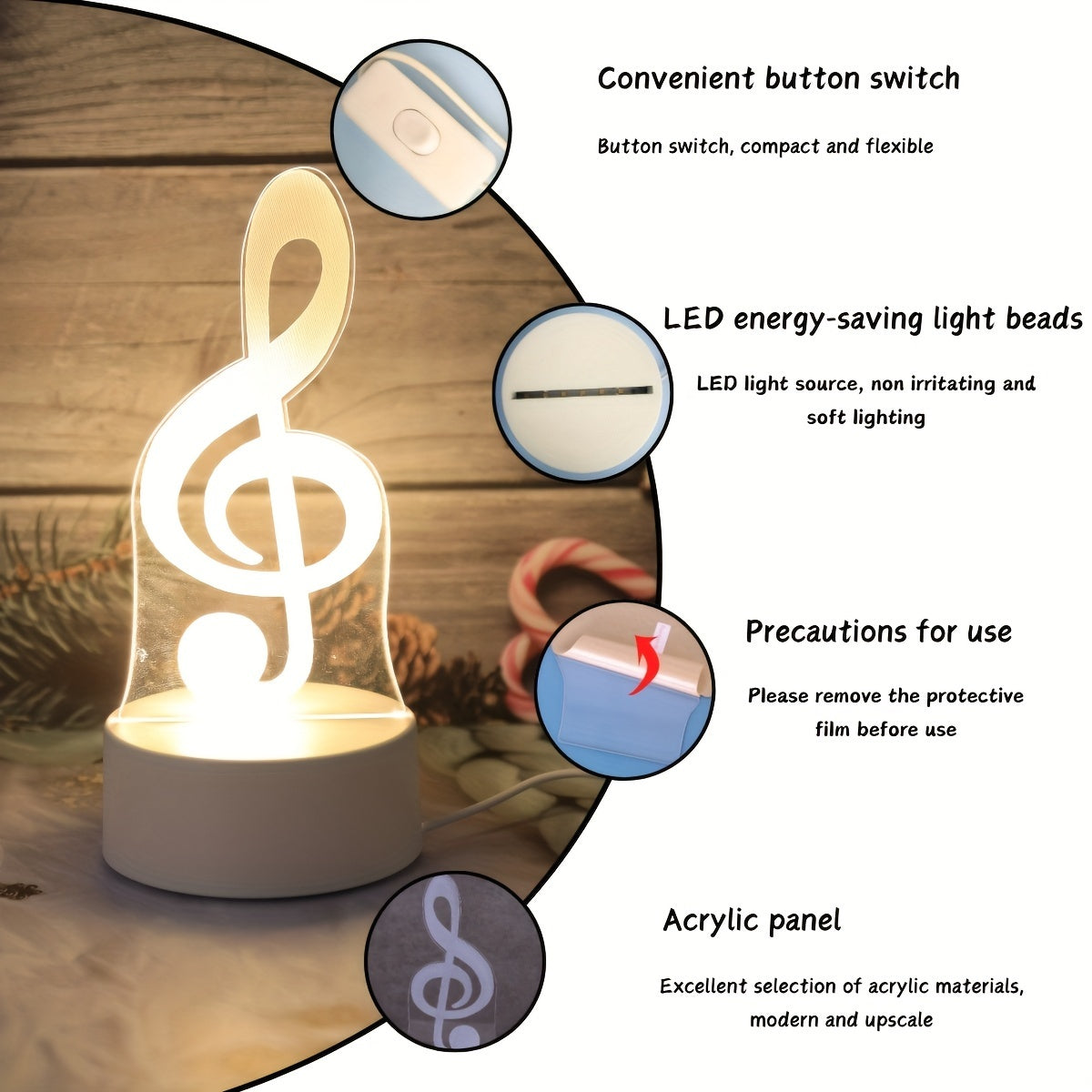 USB-Powered 3D Music Note Night Light for Bedroom Decor Kids Gift