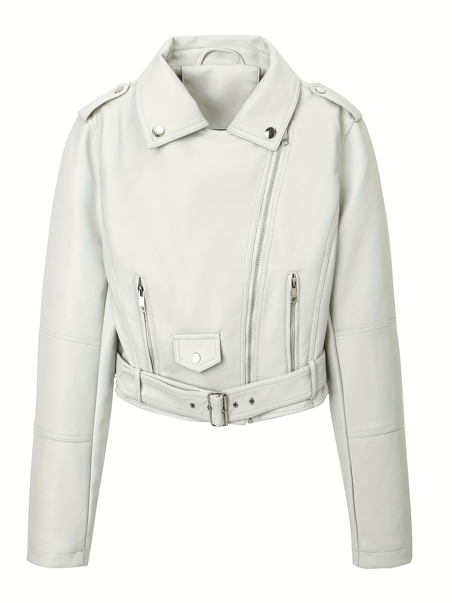 Women's Faux Leather Biker Jacket with Zip-Up Closure and Lapel Crop Design for Spring Fall