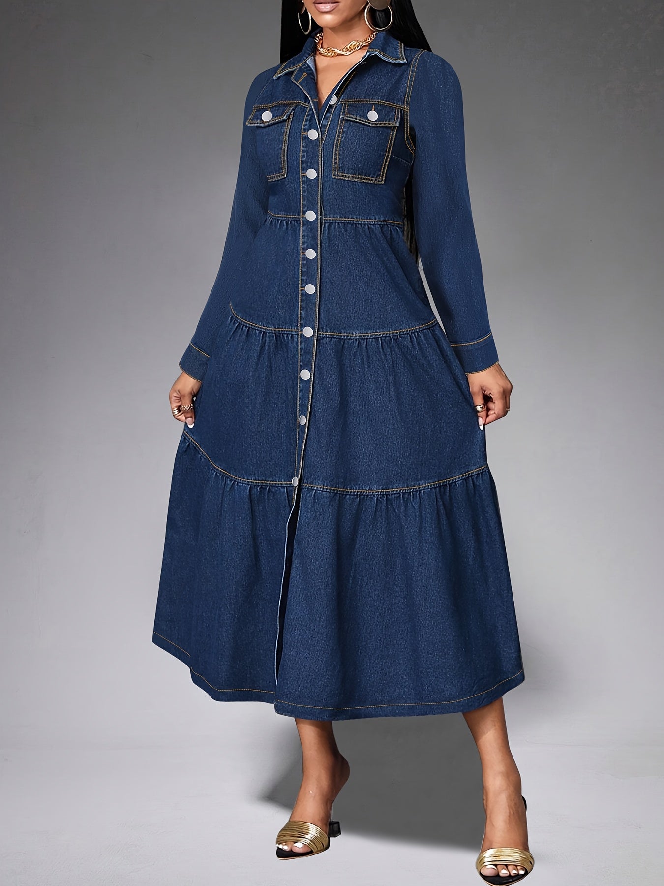 Ayollar uchun uzun yengli denim ko'ylak, 65% polyester va 35% paxta, kuz/qish uchun bir rangli, o'rtacha cho'zilish, frill tafsiloti, ko'ylak uslubi, mato og'irligi 90g/m².