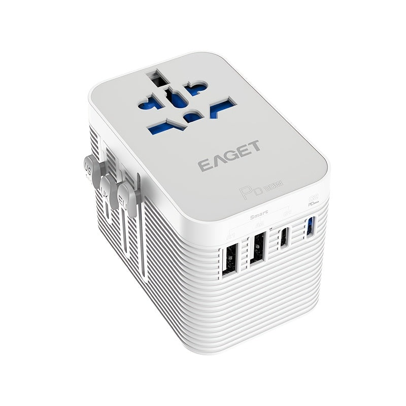 EAGET PD 20W Universal Sayohat Zaryadlovchisi 2 USB-A va 2 USB-C Port bilan, iPhone, Samsung, Vivo, Xiaomi uchun Tez Zaryad, Bir nechta Mamlakatlar uchun Barcha-in-Bir Socket Adapter, Siqilgan va Mustahkam.