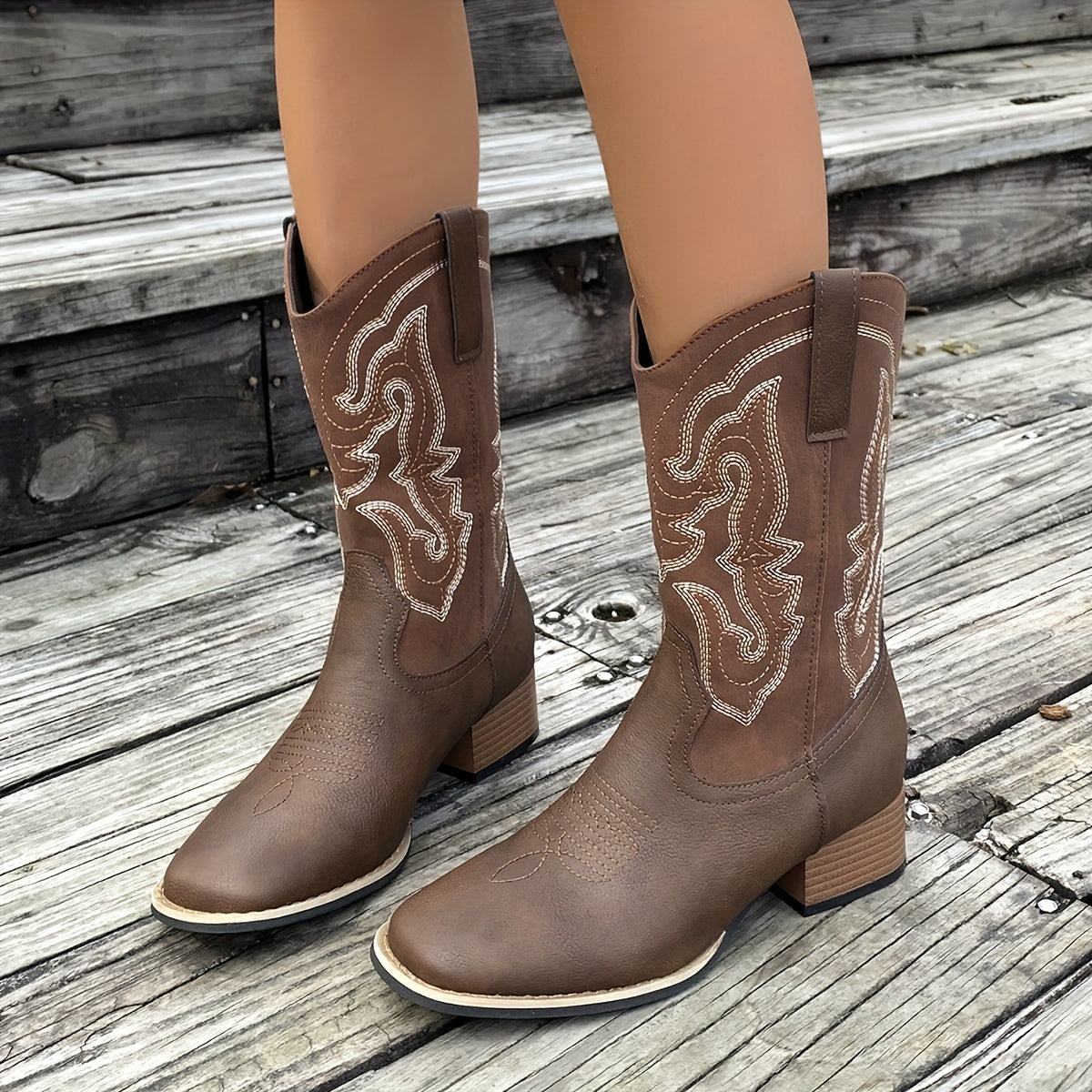 Women's Leather Chunky Heel Boots Square Toe Slip On Fashion Comfortable