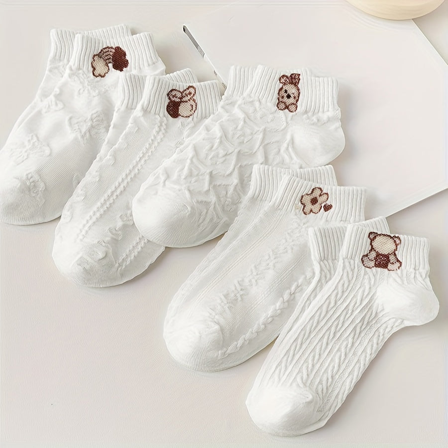 Women’s Japanese Style Cartoon Pattern Short Socks 5 Pairs Knit Fabric Polyester Spandex