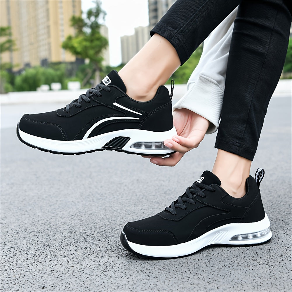 Women's Black Synthetic Leather Casual Sneakers with Air Cushion Support for All Seasons