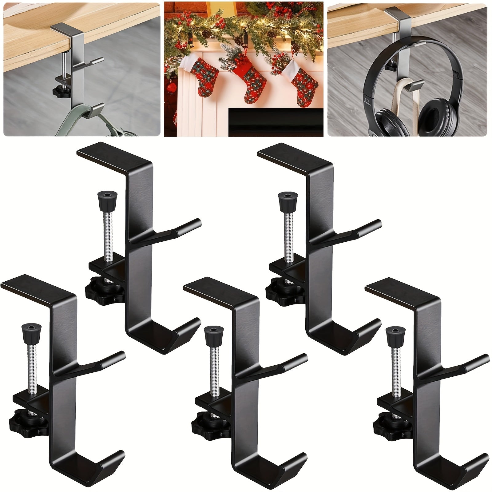 5-Piece No-Drill Garland Stocking Hangers for Fireplace Black Adjustable Heavy-Duty Holders